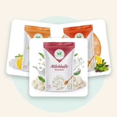 Komplettset: Wasserkefir-Kristalle, Milchkefir-Knollen und Kombucha-Pilz
