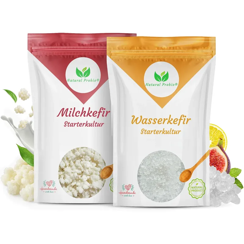 Kefir-Duo: Beutel mit Milchkefir-Knollen und Wasserkefir-Kristallen