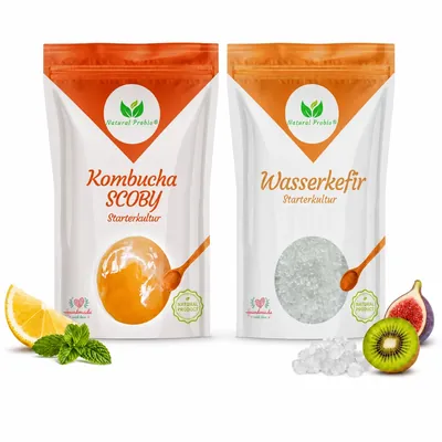 Set aus Wasserkefir-Kristallen und Kombucha-Pilz